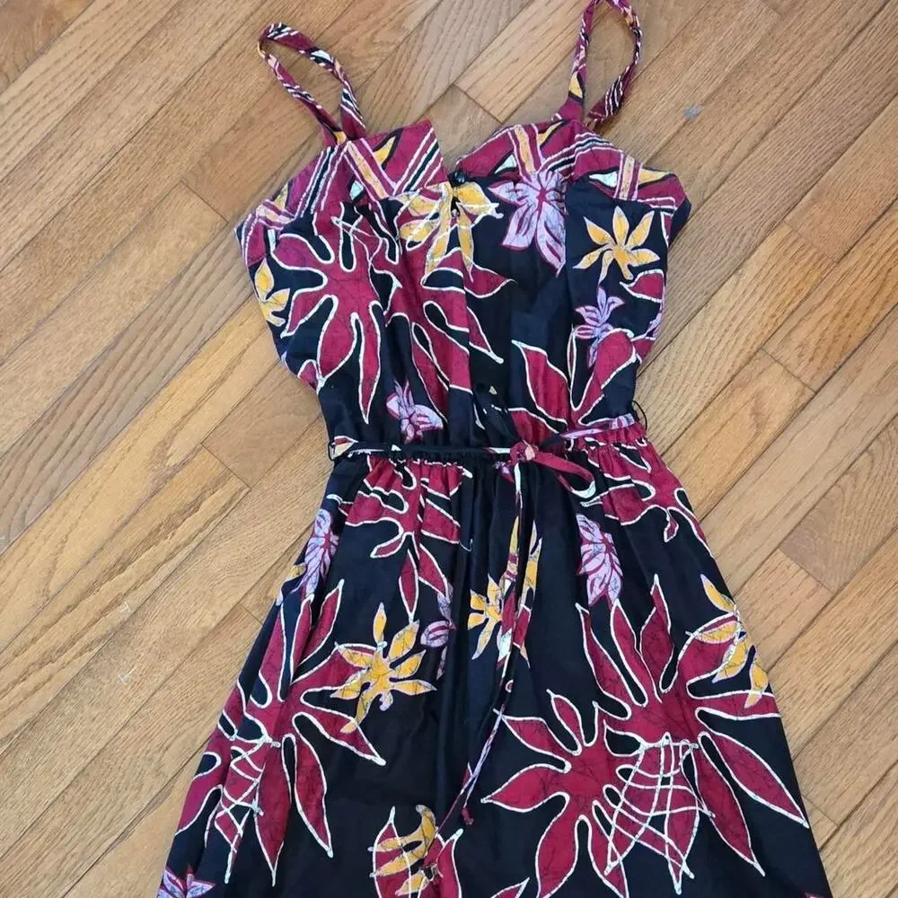 vintage 90s 80s Black, red, yellow floral print dress tie waist sleeveless 9